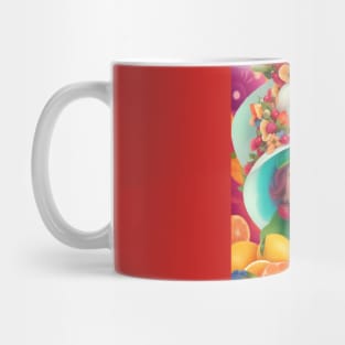 А woman with a white hat and some colorful fruity Mug